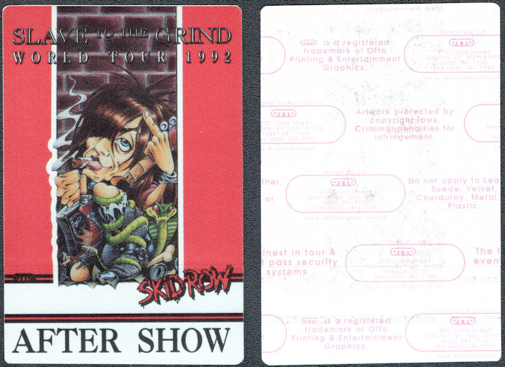 ##MUSICBP1687 - Skid Row OTTO Cloth After Show Pass for the 1992 Slave to the Grind World Tour