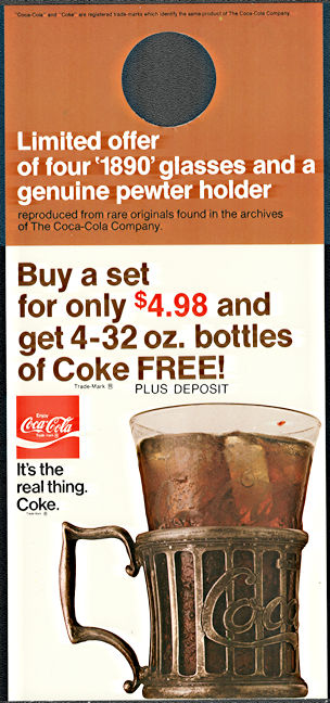 #CC183 - Group of 12 Coca Cola Bottle Hanger with "It's the Real Thing" ad for Pewter Mugs and Free Coke