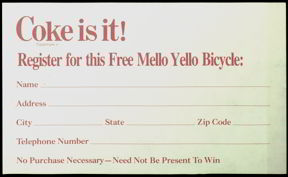 #CC134- 1979 Coke Entry to Win Mello Yello Bicycle