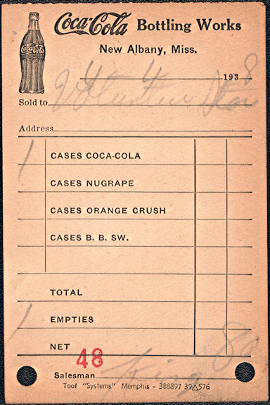 #CC370 - 1938 Coke Route Receipt from the New Albany, Mississippi Plant