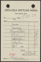 #CC124- 1950s Coca Cola Route Sheet from the New Albany, MS Plant
