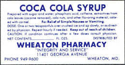 #CC380 - Coca Cola Syrup Label (Says Cocaine Removed) - Wheaton, MD