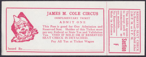 #TY868 - James M. Cole Circus Complimentary Ticket - Clown