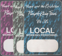 ##MUSICBP2073  - Group of 3 Different Colored Prince and the Revolution 1984-85 Purple Rain Otto Cloth Working Personnel Backstage Passes - Rare