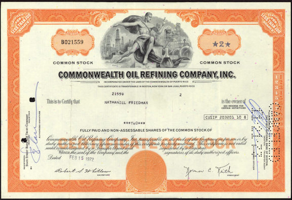 #ZZStock057 - Commonwealth OIl Refining Company, Inc. Stock Certificate