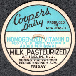 #DC239 - Coopers Dairy Homogenized Vitamin D Milk Bottle Cap - Iselin, NJ