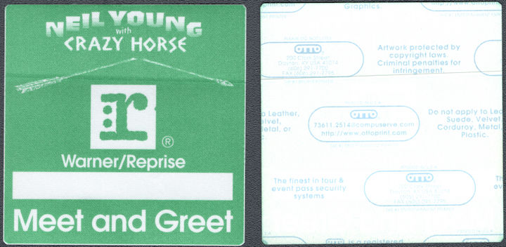 ##MUSICBP1624 - Rare Neil Young with Crazy Horse OTTO Cloth Meet and Greet Pass from the 1996 Broken Arrow Tour