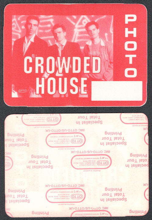 ##MUSICBP1262 -  Crowded House OTTO Cloth Backstage Photo Pass from the 1986 Crowded House Tour