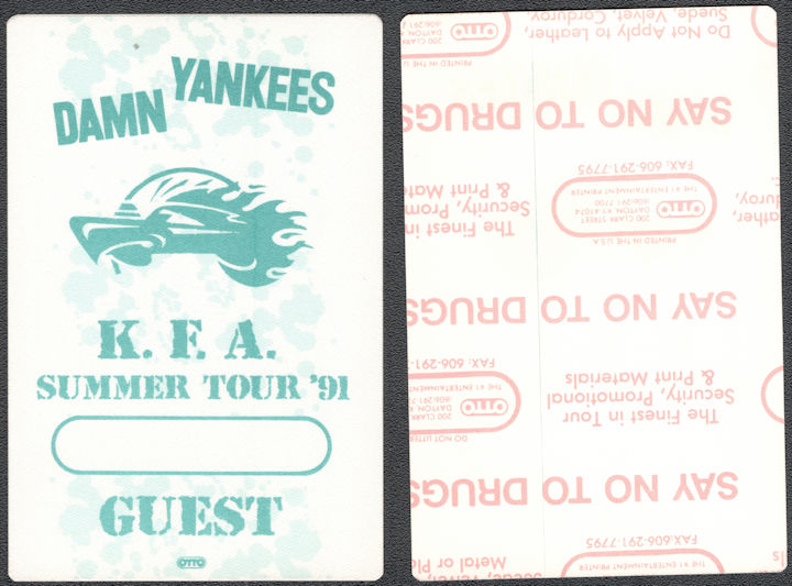 ##MUSICBP1460  - Damn Yankees OTTO Cloth Guest Pass from the 1991 K. F. A. Summer Tour