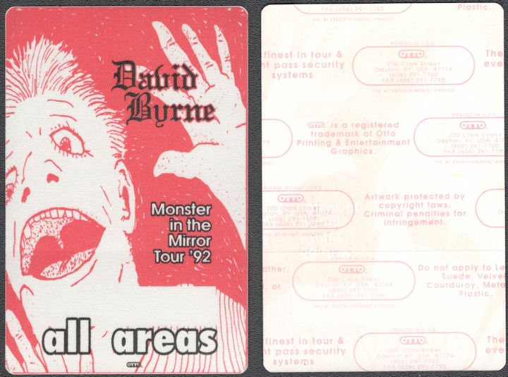 ##MUSICBP1480 - David Byrne OTTO Cloth All Areas Pass from the 1992 Monster in the Mirror Tour