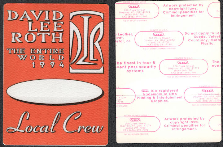 ##MUSICBP0969  - 1994 David Lee Roth Local Crew Pass from the The Entire World Tour