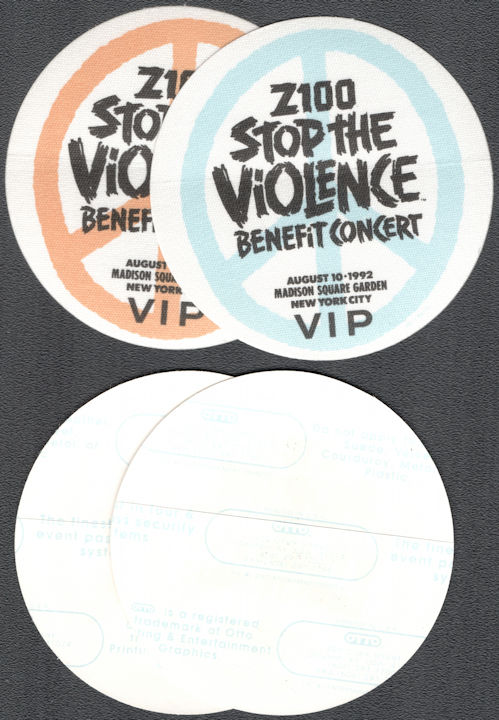 ##MUSICBP1383 - Pair of 1992 Def Leppard and Bryan Adams OTTO Cloth VIP Passes from Stop of Violence Benefit Concert