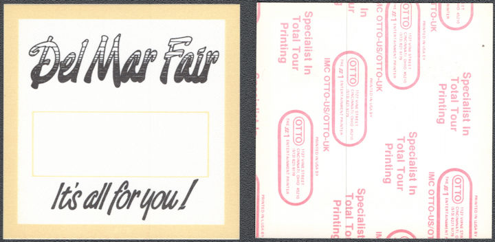 ##MUSICBP1553 - 1987 Del mar Fair OTTO Cloth Event pass - Night Ranger, The Everly Brothers, Joan Jett