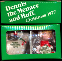 #CH418 - Boxed Set of Licensed Dennis the Menace and Ruff Merry Christmas 1977 Porcelain Ornaments - Japan