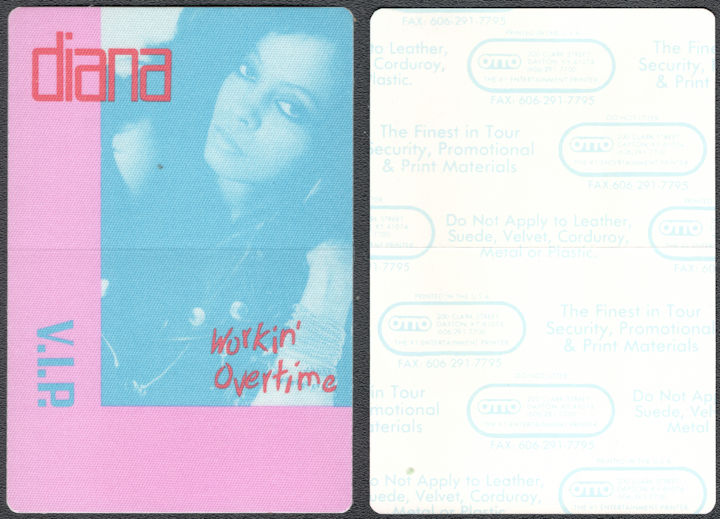 ##MUSICBP1368 - Group of 12 1989 Diana Ross Cloth OTTO VIP Pass from the Workin' Overtime Tour