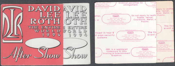##MUSICBP2087  - Pair of David Lee Roth OTTO Cloth After Show Pass from the 1994 Entire World Tour