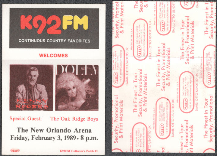 ##MUSICBP1406  - Kenny Rogers and Dolly Parton OTTO Cloth Backstage Pass from 1989 Concert