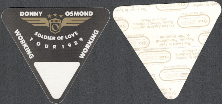 ##MUSICBP1475 - Donny Osmond OTTO Cloth Working Pass from the 1989 Soldier of Love Tour