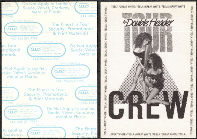 ##MUSICBP0157 - OTTO Cloth Crew Backstage Pass for the Tesla/Great White 1989 Double Header Tour