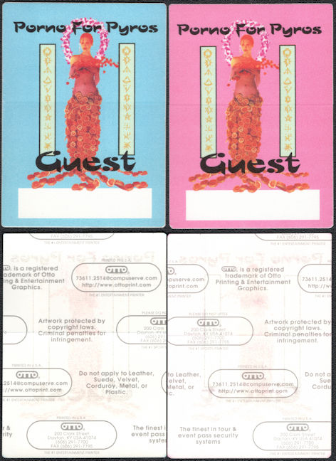 ##MUSICBP0703 - Pair of Different Colored Porno for Pyros OTTO Cloth Backstage Passes from the 1996 Good God's Urge Tour