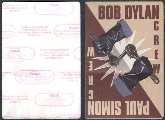 ##MUSICBP0765 - Bob Dylan/Paul Simon OTTO Cloth Backstage Crew Pass from the Never Ending Tour