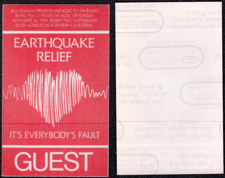 ##MUSICBP1839 - Earthquake Relief OTTO Guest Pass from November 1989 in California - Fogerty, Bob Hope, CSN