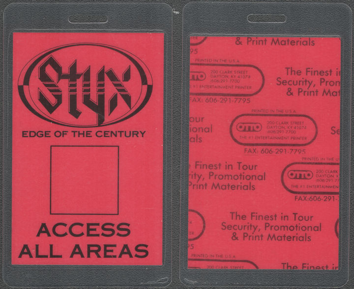 ##MUSICBP1957 - Styx OTTO Laminated Access All Areas Pass from the 1990 Edge of the Century Tour