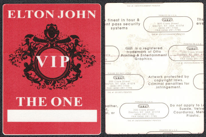 ##MUSICBP1271 - Vertical Rectangle Elton John OTTO Cloth Backstage Pass from the 1992 The One Tour