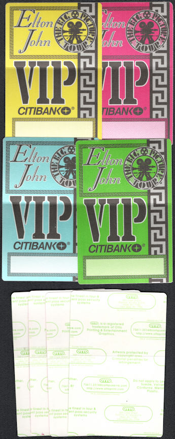 ##MUSICBP0724  - Group of 4 Different Colored Elton John OTTO Cloth VIP Backstage Passes from the 1993 The Big Picture Tour