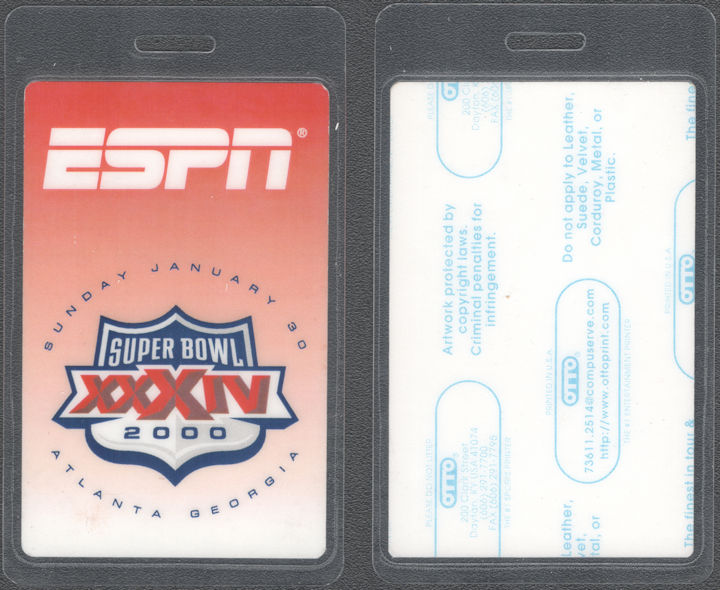 ##MUSICBP2202 - 2000 Super Bowl XXXIV OTTO Laminated ESPN Press Pass - Rams VS Titans