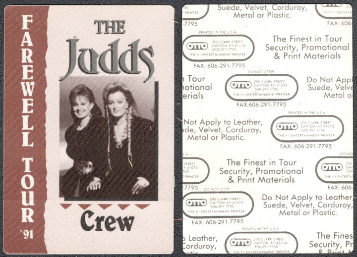 ##MUSICBP1345  - The Judds Cloth OTTO Crew pass from the 1991 Farewell Tour - Naomi Judd