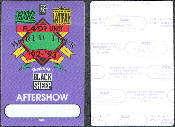##MUSICBP1685 - Scarce Queen Latifah OTTO Cloth Aftershow Pass from the 1992-93 Flavor Unit World Tour - Naughty by Nature, Black Sheep