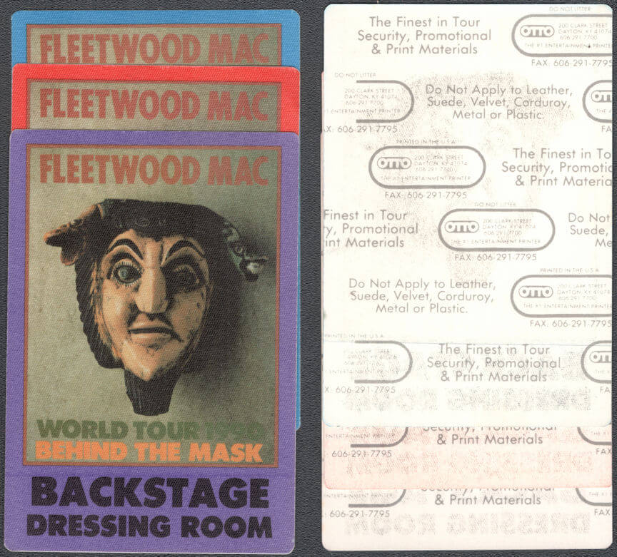 ##MUSICBP0273 - Group of 3 Different Colored Large Fleetwood Mac OTTO Cloth Backstage Dressing Room Pass from the 1990 Behind the Mask Tour