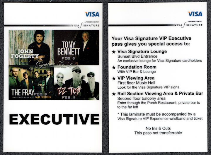 ##MUSICBP1216 -  2007 Visa Exclusive OTTO Sheet Laminate Backstage VIP Pass for John Fogerty, Tony Bennett, The Fray, and ZZ Top