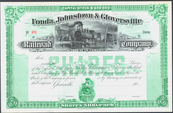 #ZZStock089 - Very Old Fonda, Johnstown & Gloversville Railroad Company Stock Certificate