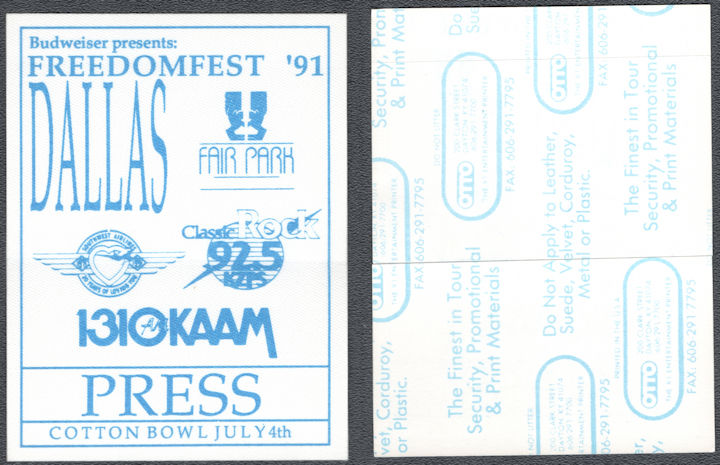 ##MUSICBP1552 - 1991 Freedom Fest OTTO Cloth Press Pass - Styx, Cheap Trick, Joe Walsh