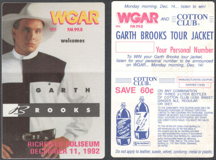 ##MUSICBP1355 - Garth Brooks OTTO Radio Pass for the 1992 Concert at Richfield Coliseum - Ropin' the Wind Tour