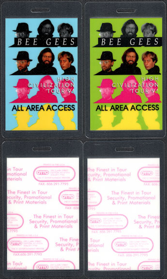 ##MUSICBP0689 - Pair of Two Different Colored Bee Gees OTTO Backstage All Area Access Passes from the 1991 High Civilization Tour