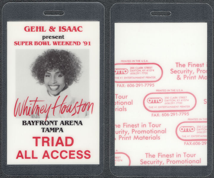 ##MUSICBP1895  - 1991 Whitney Houston OTTO Laminated Backstage Pass from the 1991 Super Bowl Performance