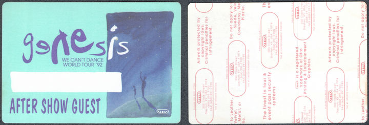 ##MUSICBP1518 - Genesis OTTO Cloth After Show Guest Pass from the 1992 We Can't Dance World Tour