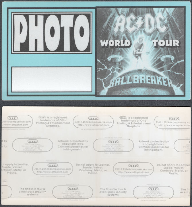 ##MUSICBP2102 - AC/DC OTTO Cloth Photo Backstage Pass from the 1996 Ballbreaker World Tour
