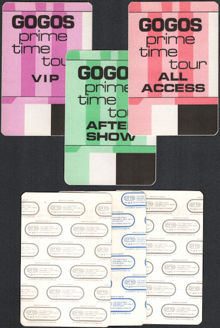 ##MUSICBP0560  - Group of Three Different 1984 GOGOs Prime Time Tour Cloth OTTO Backstage Passes - VIP, All Access, and After Show