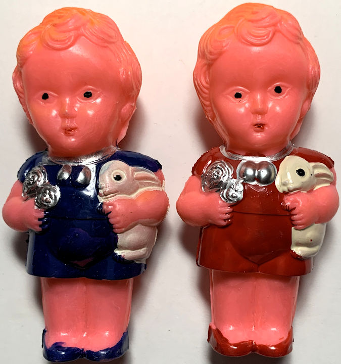 #TY883.2 - Group of 2 Early Hand Painted Doll Rattles - Boy Holding Rabbit and Bouquet