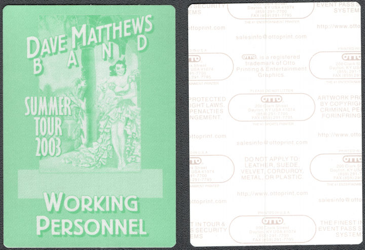 ##MUSICBP1472  - Dave Matthews Band OTTO Cloth Working Personnel Pass from the 2003 Summer Tour