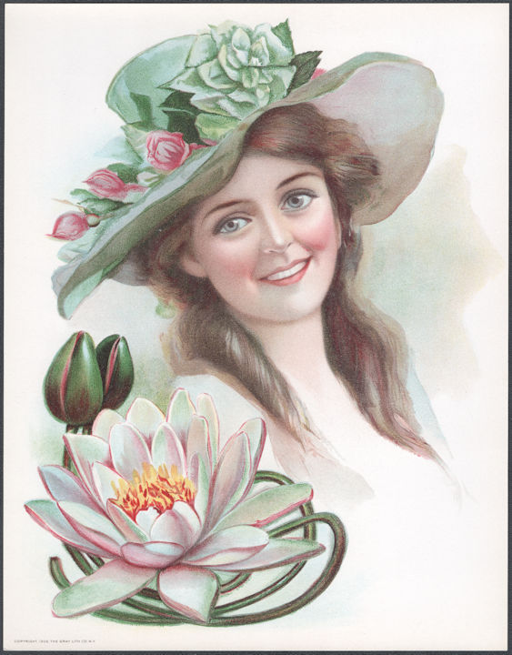 #MSPRINT155 - 1906 Victorian Print - Lady with Green Hat and Large Water Lily
