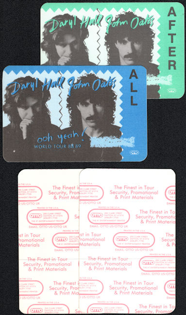 ##MUSICBP0726  - Two Different Daryl Hall & John Oates OTTO Cloth Backstage All Access/After Show Passes from the 1988/89 ooh yeah! Tour