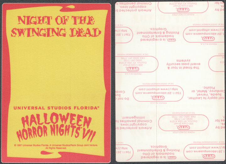 ##MUSICBP2207 - 1997 Universal Studios Florida OTTO Cloth Pass from the Night of the Swinging Dead Halloween Horror Nights VII Event