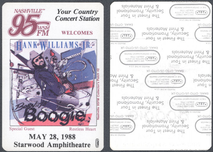 ##MUSICBP1527 - Rare Hank Williams Jr. OTTO Cloth Radio Pass from the 1988 Born to Boogie Tour