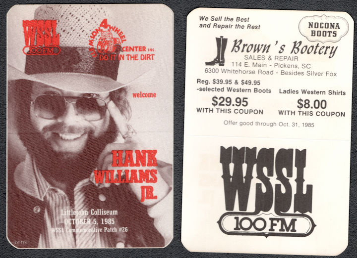##MUSICBP1221 - Hank Williams Jr. OTTO Cloth Backstage Radio Pass from the 1985 Concert at Littlejohn Coliseum 