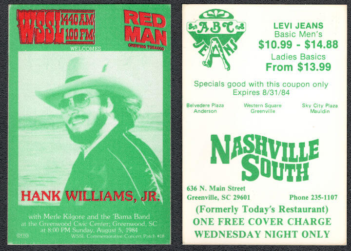 ##MUSICBP1233 - Hank Williams Jr. OTTO Cloth Backstage Radio Pass from the 1984 Concert at the Greenwood Civic Center in South Carolina